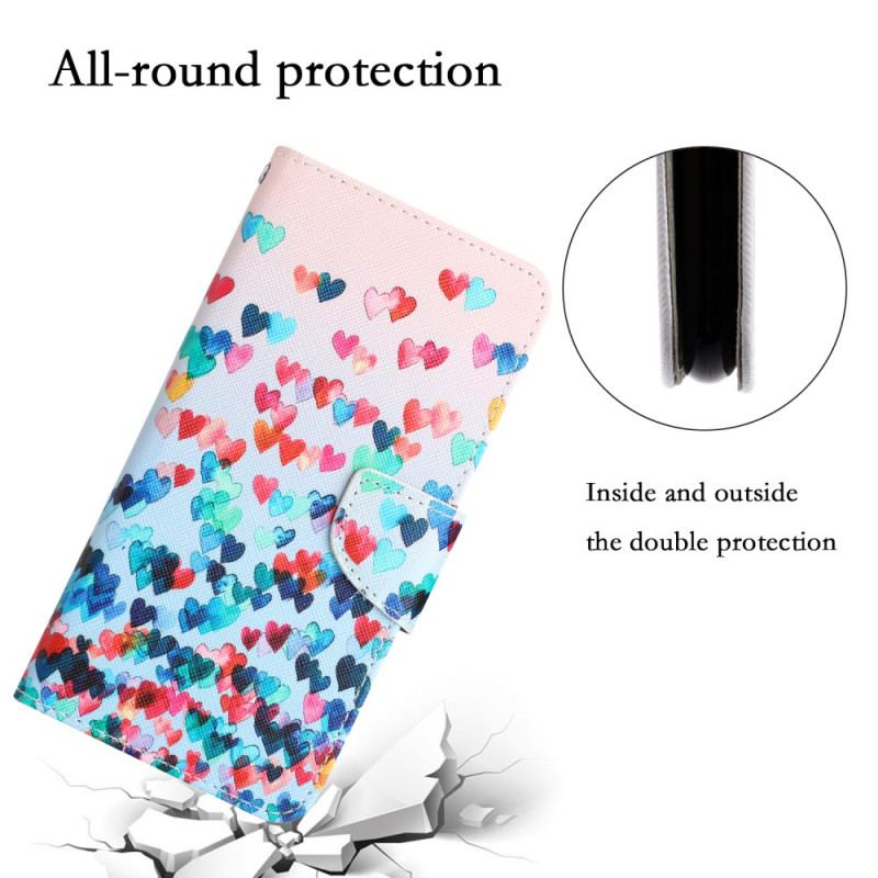 Capa Flip Para iPhone 15 De Cordão Chuva De Corações Com Alça