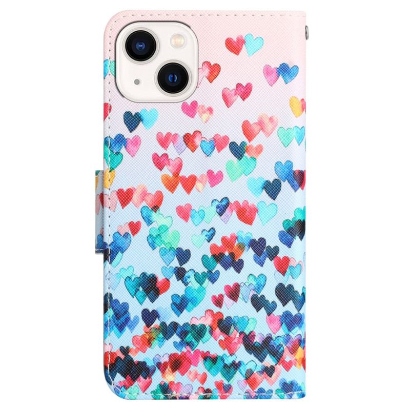 Capa Flip Para iPhone 15 De Cordão Chuva De Corações Com Alça