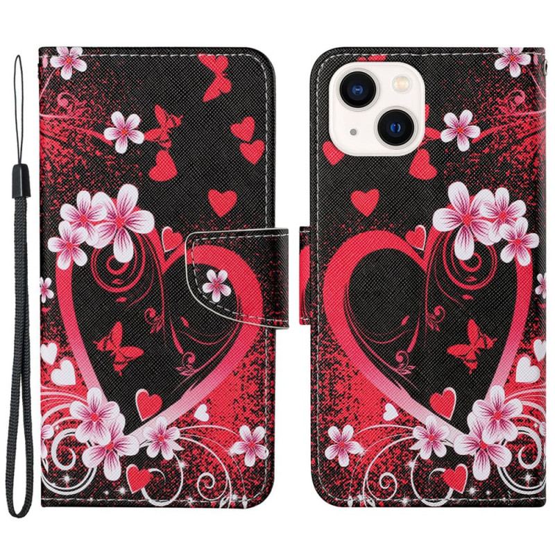 Capa Flip Para iPhone 15 De Cordão Cordão Corações