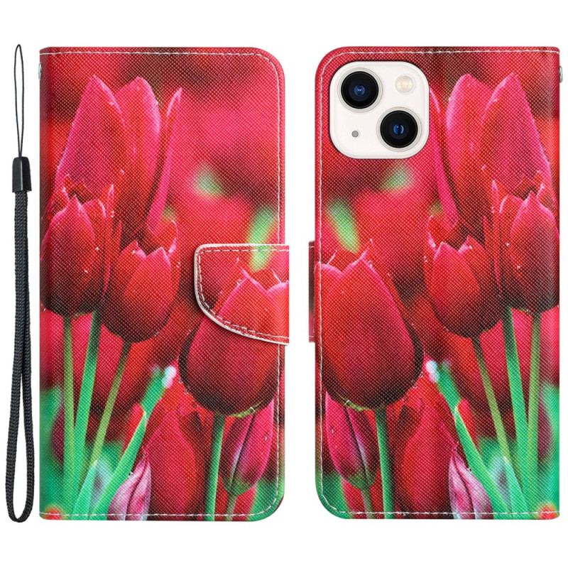 Capa Flip Para iPhone 15 De Cordão Variação Floral Com Alça