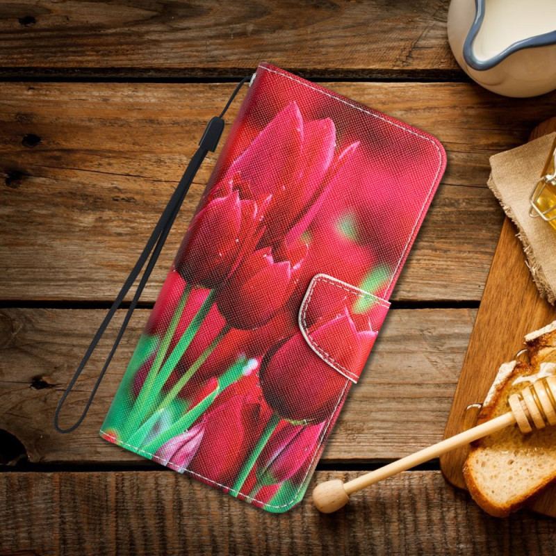 Capa Flip Para iPhone 15 De Cordão Variação Floral Com Alça