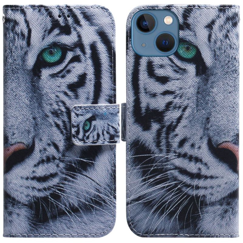 Capa Flip Para iPhone 15 Tigre Branco