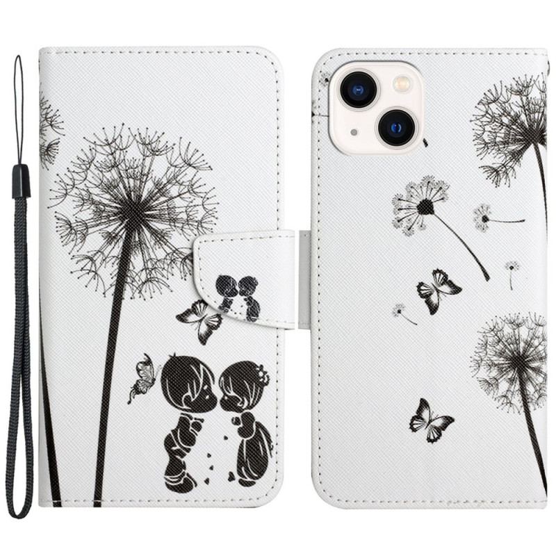 Capa Folio Para iPhone 15 De Cordão Amor Dente De Leão Com Alça