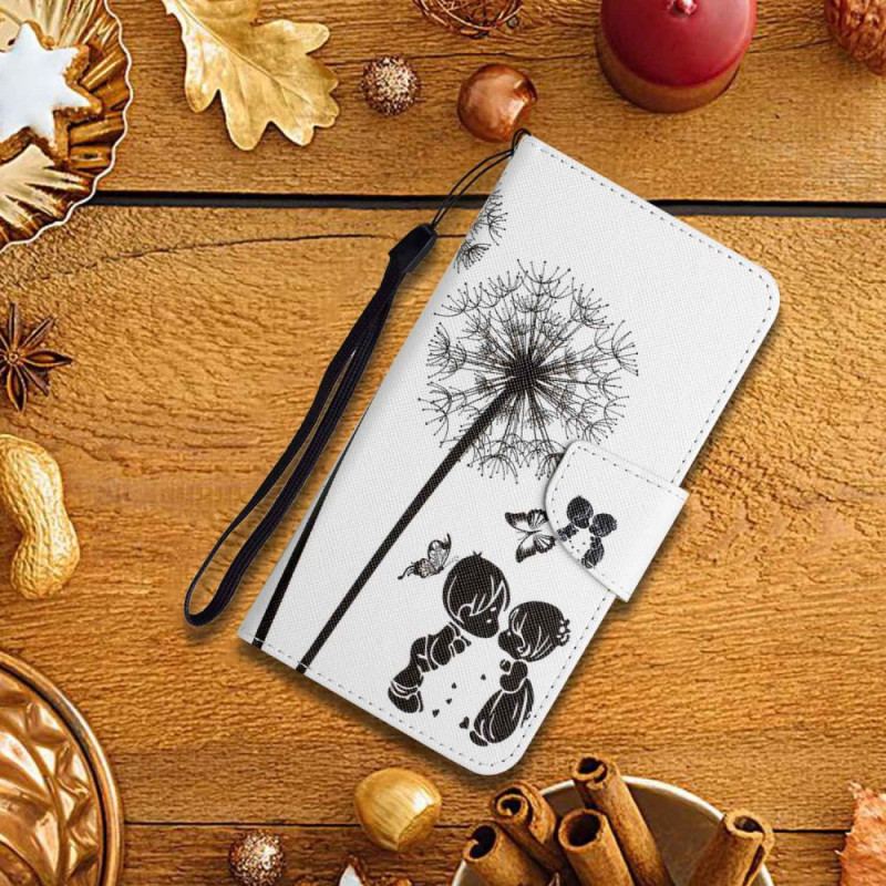 Capa Folio Para iPhone 15 De Cordão Amor Dente De Leão Com Alça