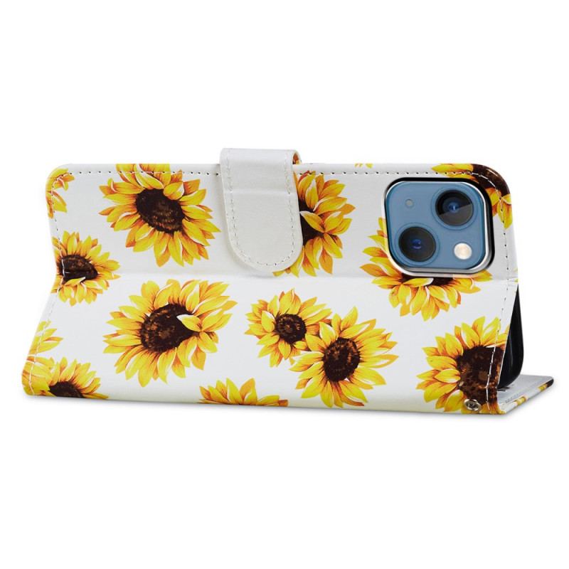Capa Folio Para iPhone 15 De Cordão Cinta Girassóis