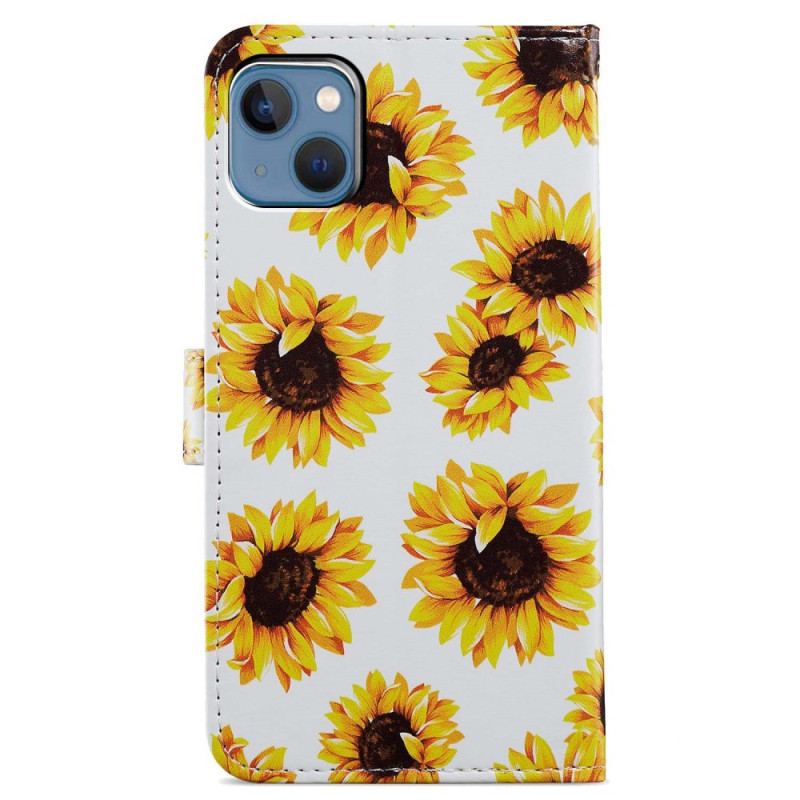 Capa Folio Para iPhone 15 De Cordão Cinta Girassóis