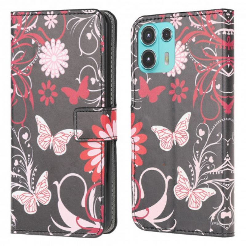 Capa De Couro Para Motorola Edge 20 Lite Borboletas E Flores