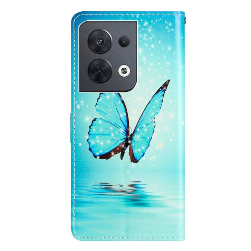 Capa De Couro Para Oppo Reno 8 De Cordão Borboletas Azuis Com Alça