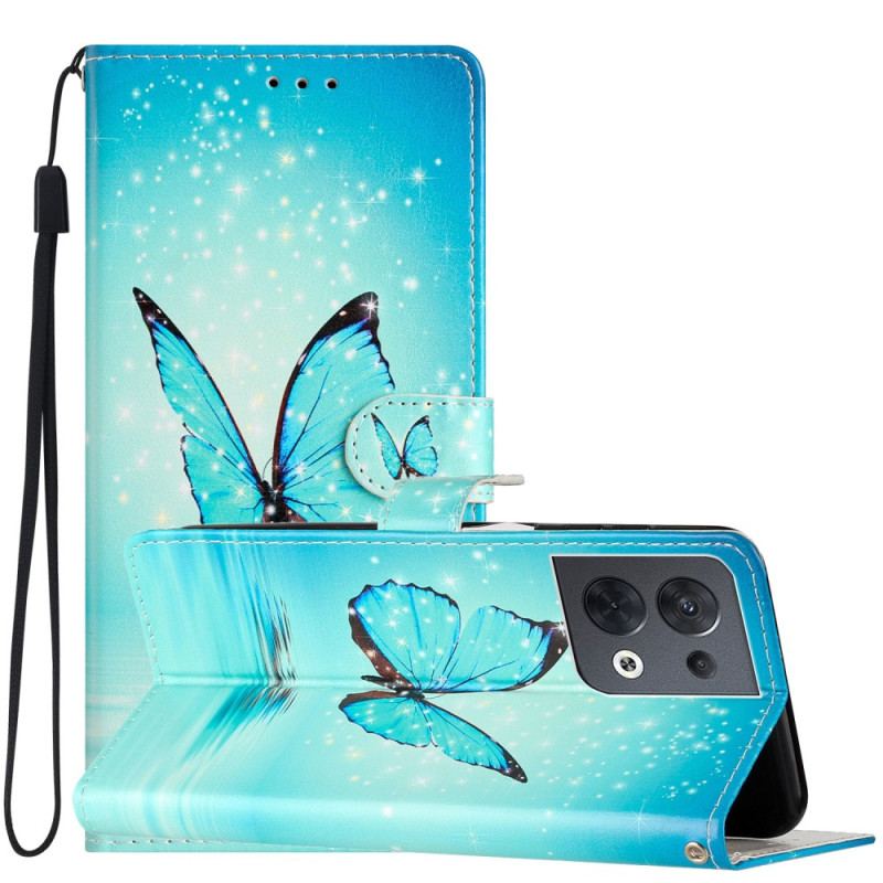 Capa De Couro Para Oppo Reno 8 De Cordão Borboletas Azuis Com Alça