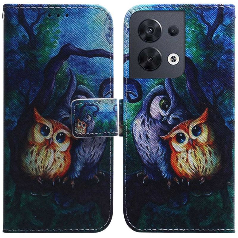 Capa De Couro Para Oppo Reno 8 De Cordão Pintura De Corujas Strappy