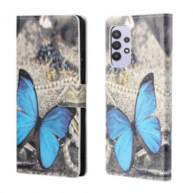 Capa De Couro Para Samsung Galaxy A32 Borboleta Prestige Azul