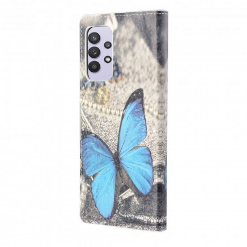 Capa De Couro Para Samsung Galaxy A32 Borboleta Prestige Azul
