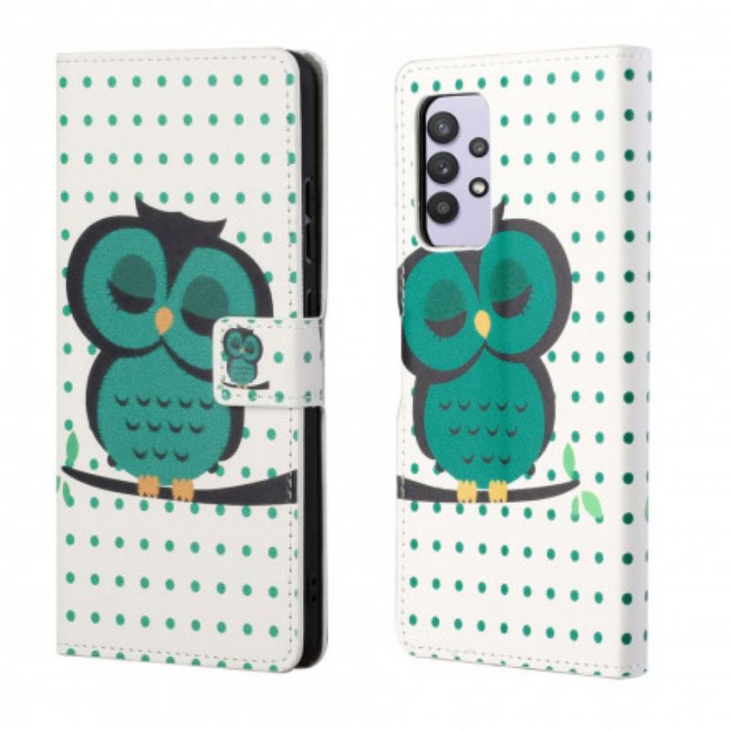 Capa De Couro Para Samsung Galaxy A32 Coruja Adormecida