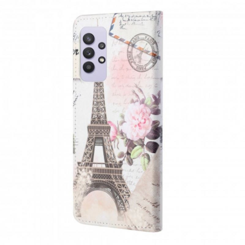 Capa Em Pele Para Samsung Galaxy A32 Torre Eiffel Retrô