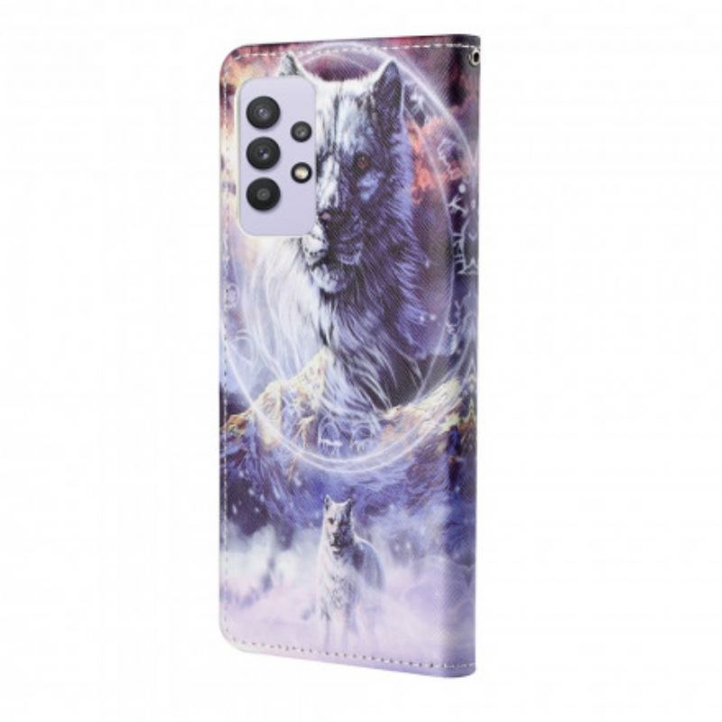 Capa Flip Para Samsung Galaxy A32 Lobo No Inverno Com Cordão