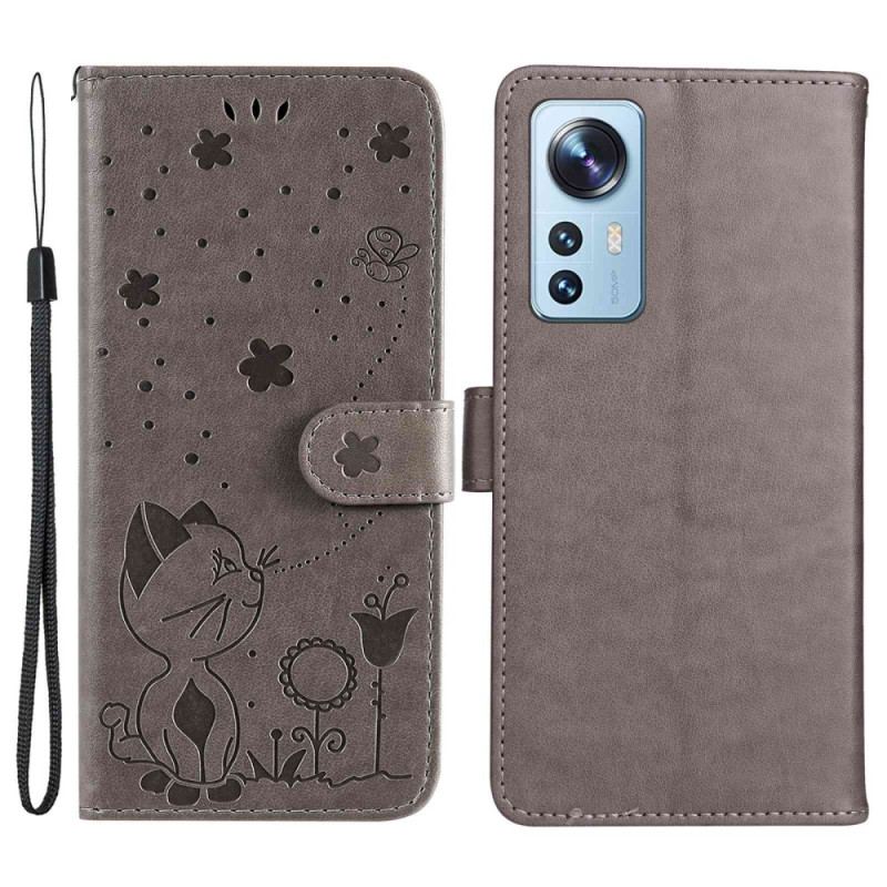 Capa Flip Para Xiaomi 12 Lite De Cordão Gato E Abelha Com Cordão