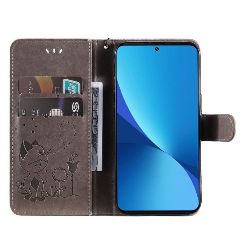 Capa Flip Para Xiaomi 12 Lite De Cordão Gato E Abelha Com Cordão