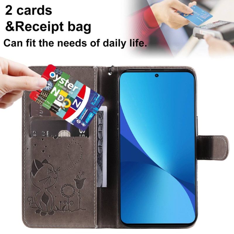 Capa Flip Para Xiaomi 12 Lite De Cordão Gato E Abelha Com Cordão