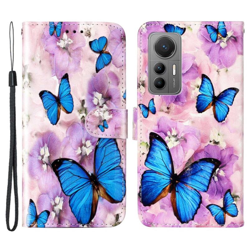 Capa Flip Para Xiaomi 12 Lite De Cordão Tanga Borboletas Coloridas