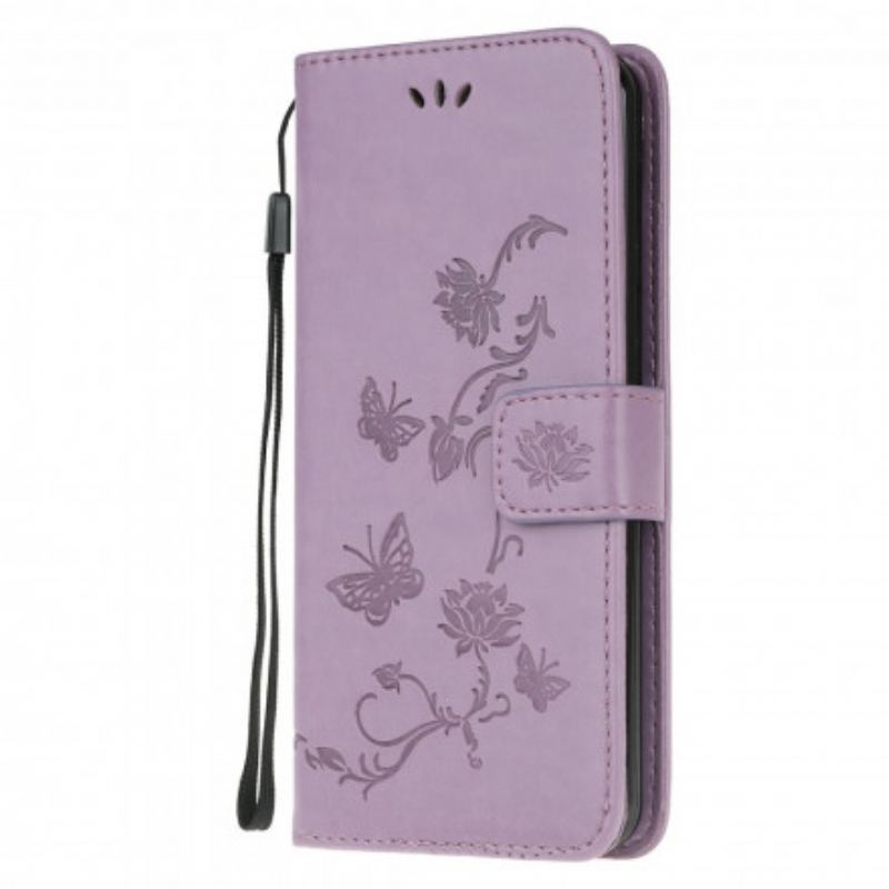 Capa Em Pele Para Moto G30 / G10 De Cordão Tanga Borboletas E Flores