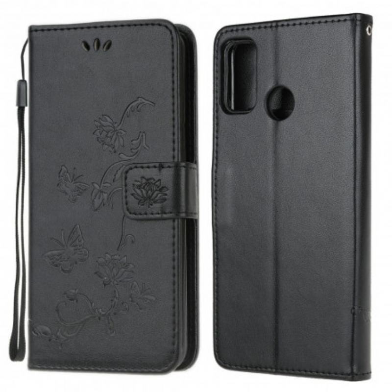 Capa Em Pele Para Moto G30 / G10 De Cordão Tanga Borboletas E Flores