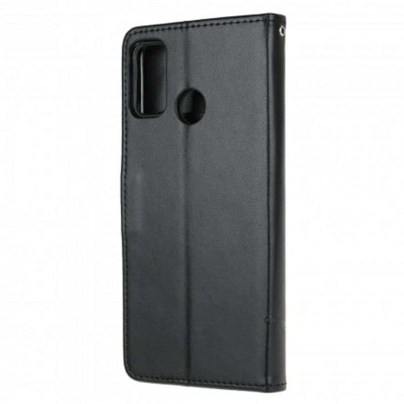 Capa Em Pele Para Moto G30 / G10 De Cordão Tanga Borboletas E Flores