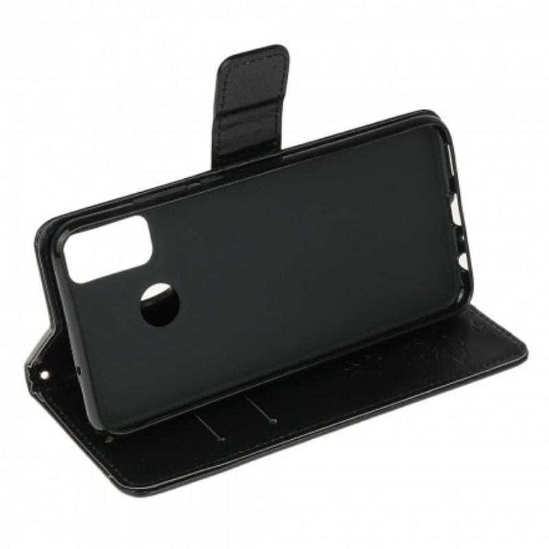 Capa Em Pele Para Moto G30 / G10 De Cordão Tanga Borboletas E Flores