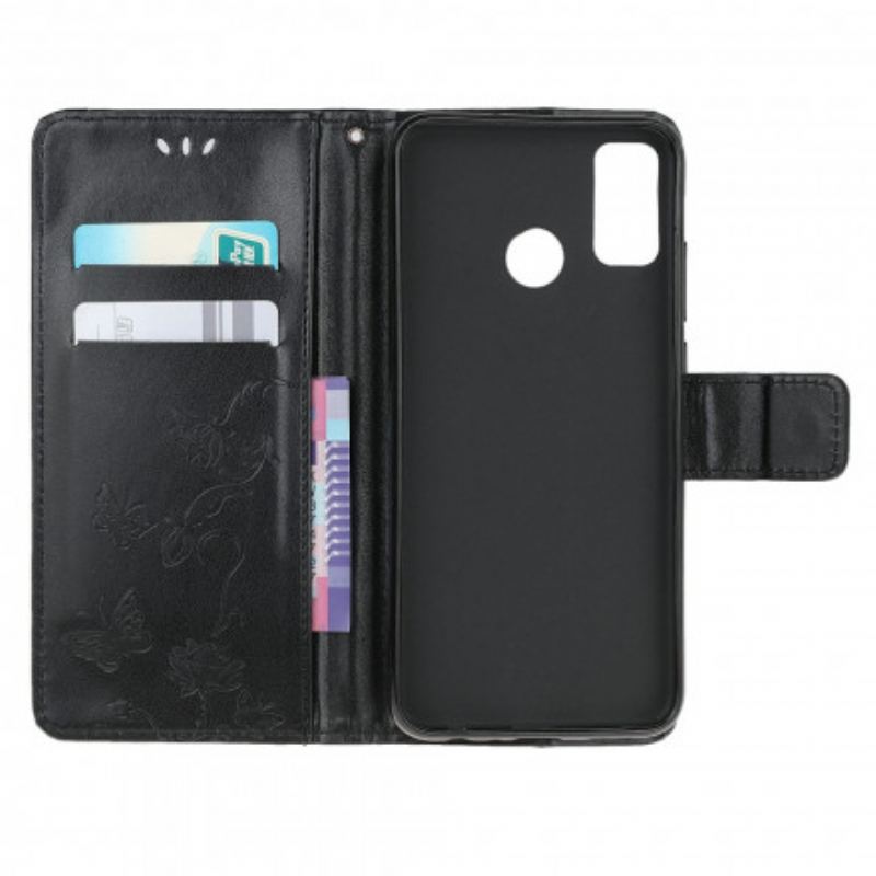 Capa Em Pele Para Moto G30 / G10 De Cordão Tanga Borboletas E Flores