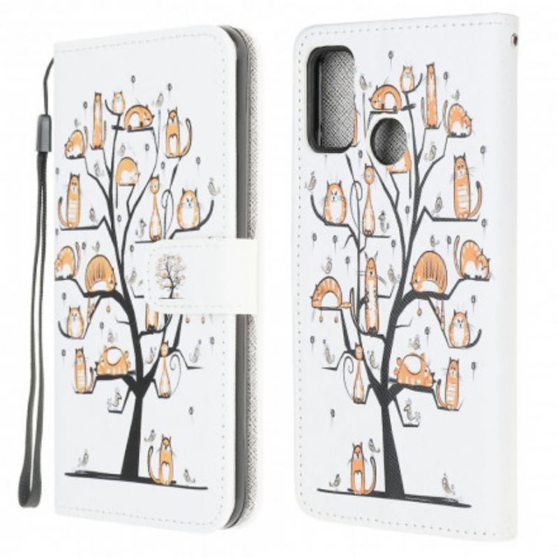Capa Folio Para Moto G30 / G10 De Cordão Gatos Divertidos Com Alça