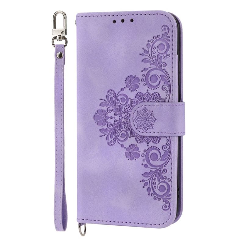 Capa De Couro Para Google Pixel 7 Floral Com Alça E Alça De Ombro