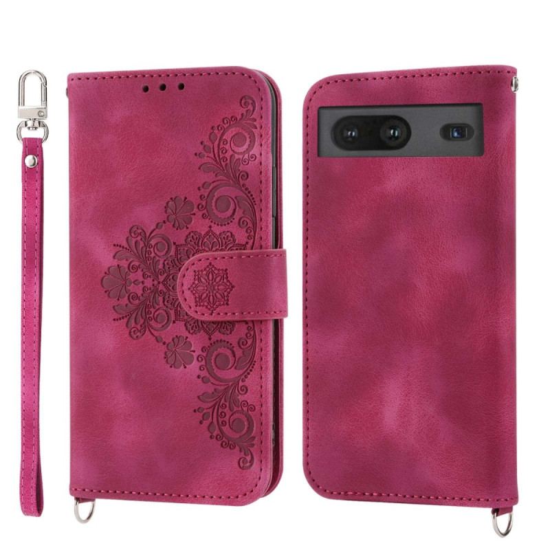 Capa De Couro Para Google Pixel 7 Floral Com Alça E Alça De Ombro