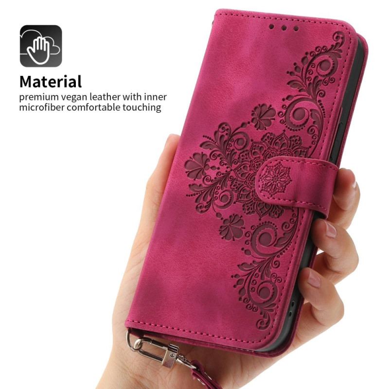 Capa De Couro Para Google Pixel 7 Floral Com Alça E Alça De Ombro