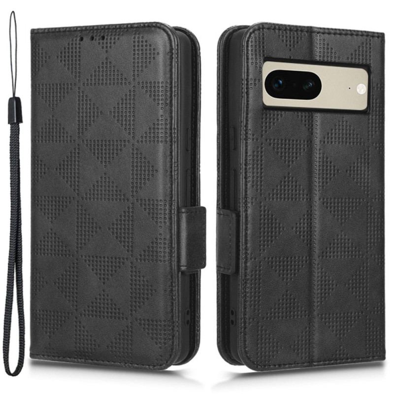 Capa De Couro Para Google Pixel 7 Triângulos Estampados Com Cordão