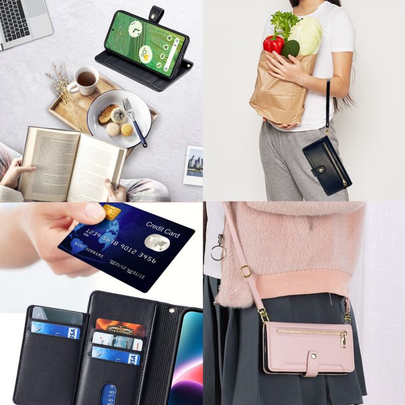 Capa Flip Para Google Pixel 7 Com Alça E Alça De Ombro