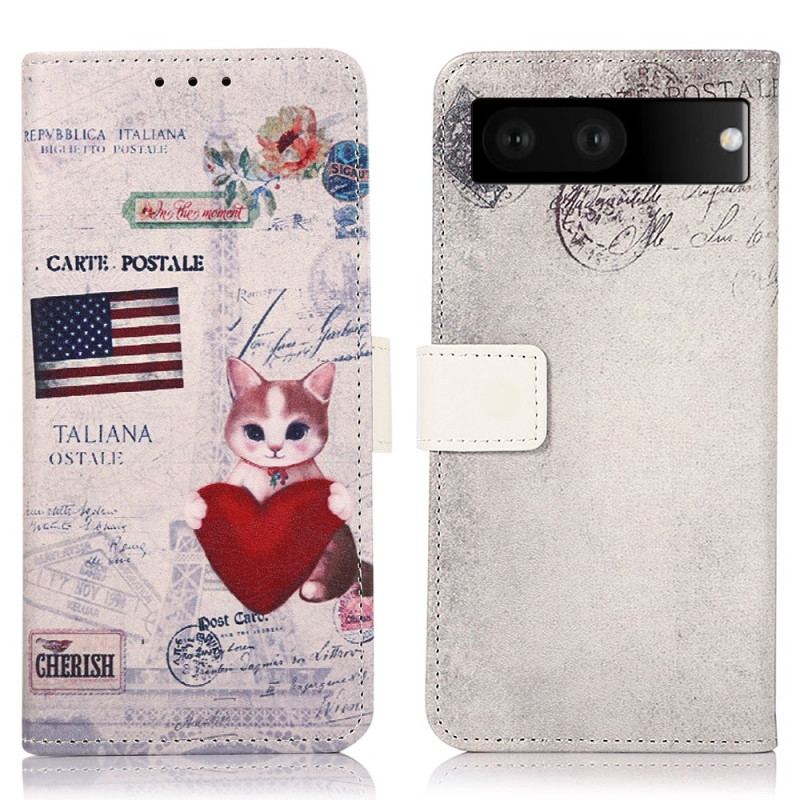Capa Flip Para Google Pixel 7 Gato Viajante
