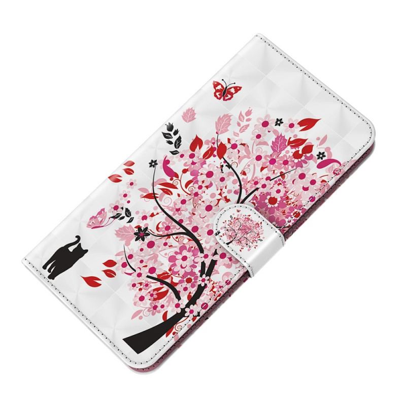 Capa Folio Para Google Pixel 7 De Cordão Árvore De Gato E Tanga