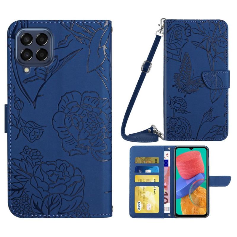 Capa De Couro Para Samsung Galaxy M33 5G Borboletas E Alça De Ombro