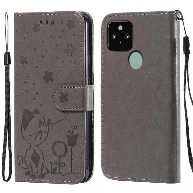Capa De Couro Para Google Pixel 5 De Cordão Gato E Abelha Com Cordão