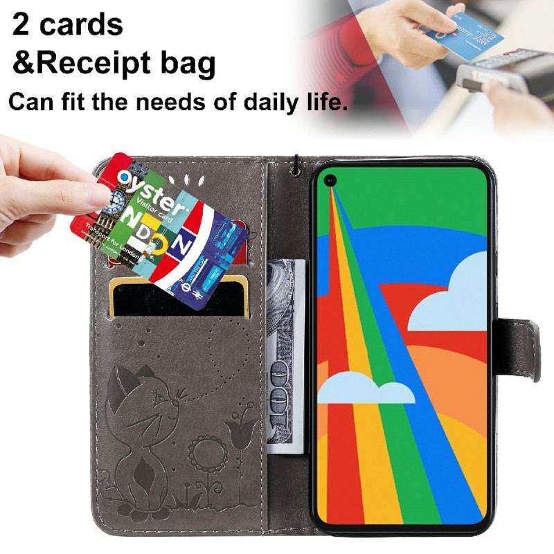 Capa De Couro Para Google Pixel 5 De Cordão Gato E Abelha Com Cordão