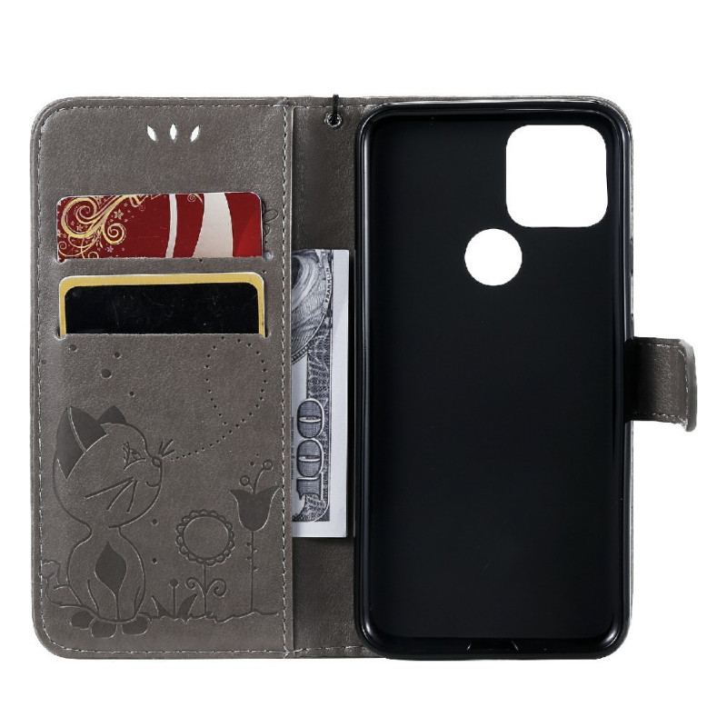 Capa De Couro Para Google Pixel 5 De Cordão Gato E Abelha Com Cordão