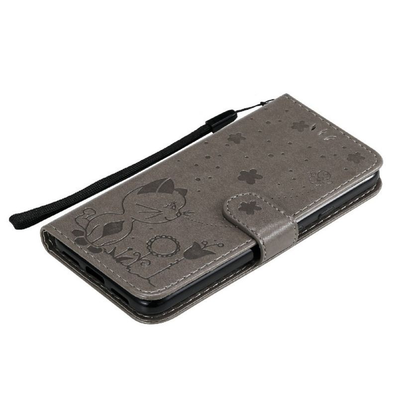 Capa De Couro Para Google Pixel 5 De Cordão Gato E Abelha Com Cordão