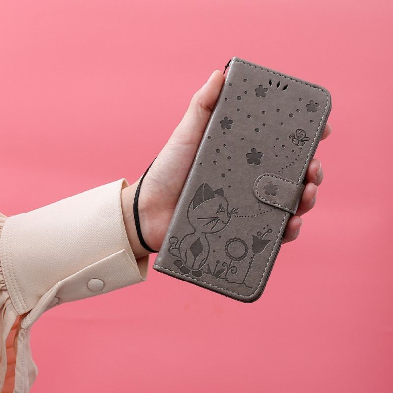Capa De Couro Para Google Pixel 5 De Cordão Gato E Abelha Com Cordão