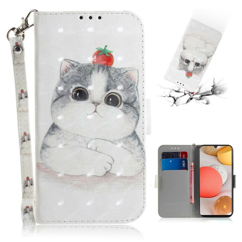 Capa De Couro Para Samsung Galaxy A42 5G De Cordão Tomate No Gato Com Uma Alça