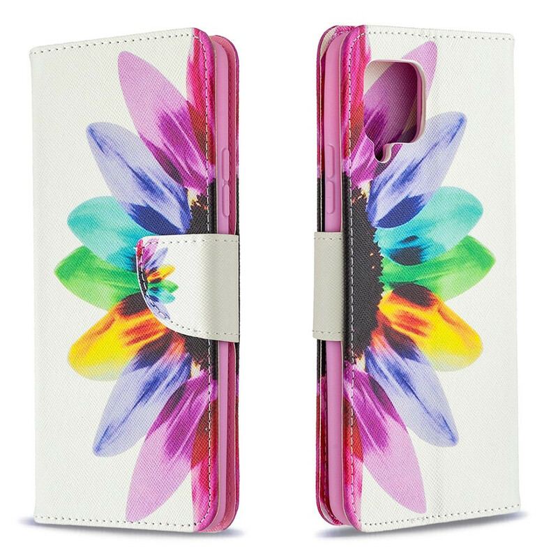 Capa Folio Para Samsung Galaxy A42 5G Flor Aquarela
