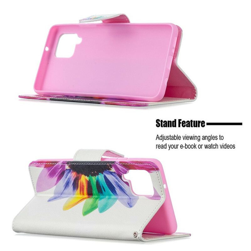 Capa Folio Para Samsung Galaxy A42 5G Flor Aquarela