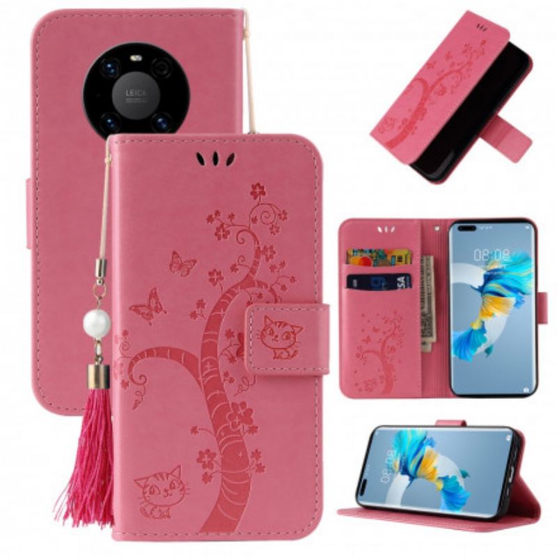 Capa Flip Para Huawei Mate 40 Pro De Cordão Árvore E Gato Com Cordão