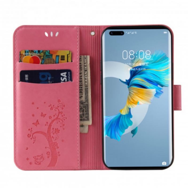 Capa Flip Para Huawei Mate 40 Pro De Cordão Árvore E Gato Com Cordão