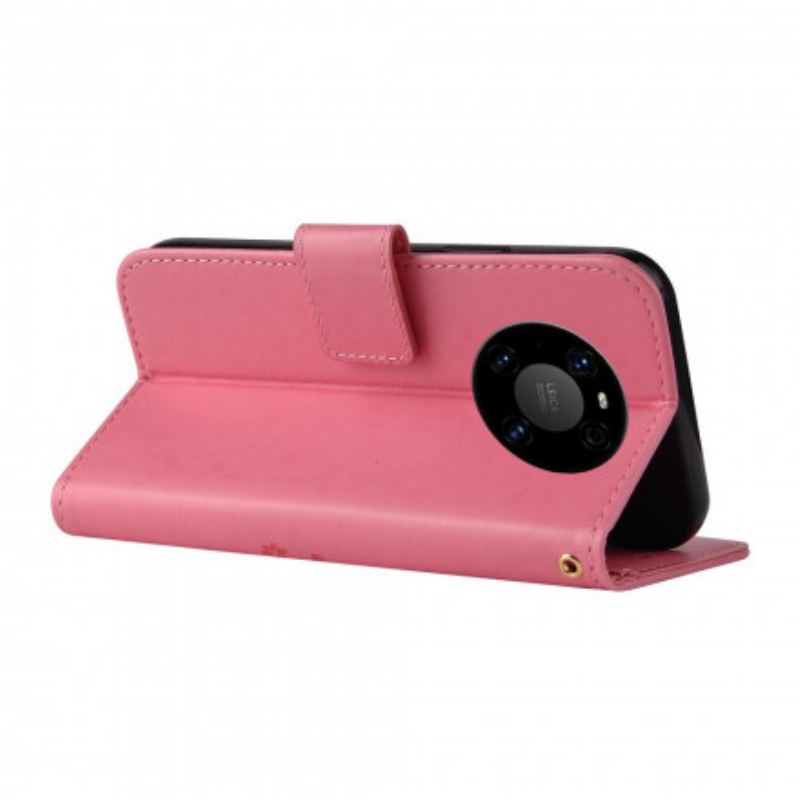 Capa Flip Para Huawei Mate 40 Pro De Cordão Árvore E Gato Com Cordão