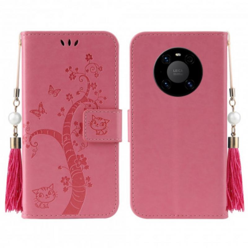 Capa Flip Para Huawei Mate 40 Pro De Cordão Árvore E Gato Com Cordão