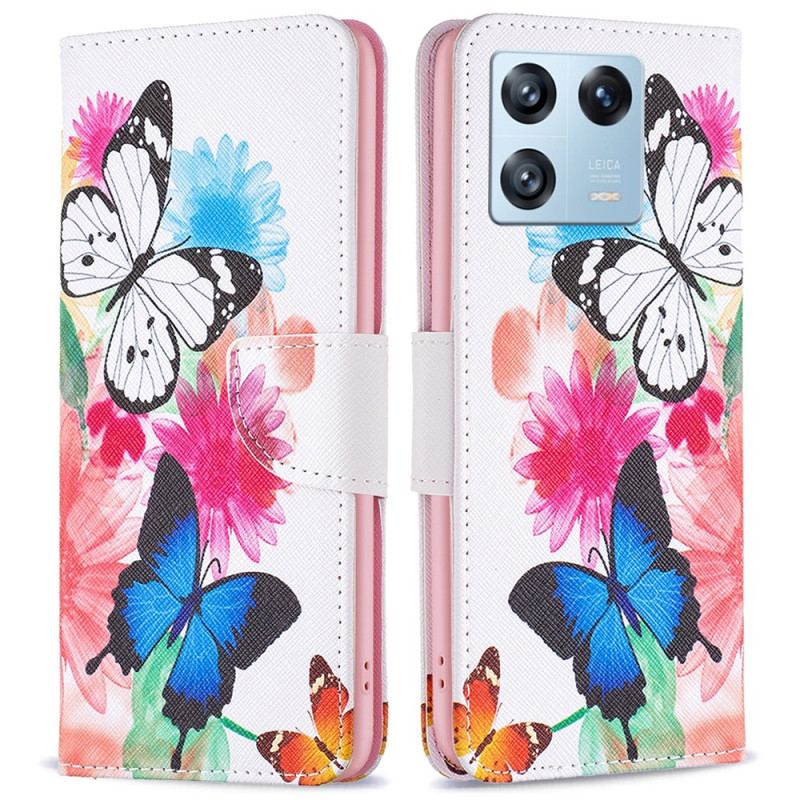 Capa Flip Para Xiaomi 13 Pro Aquarela Borboletas
